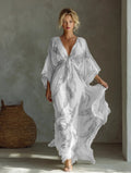 Women's Long Maxi V-Neck Dress with Batwing Sleeves – Relaxed High Waist