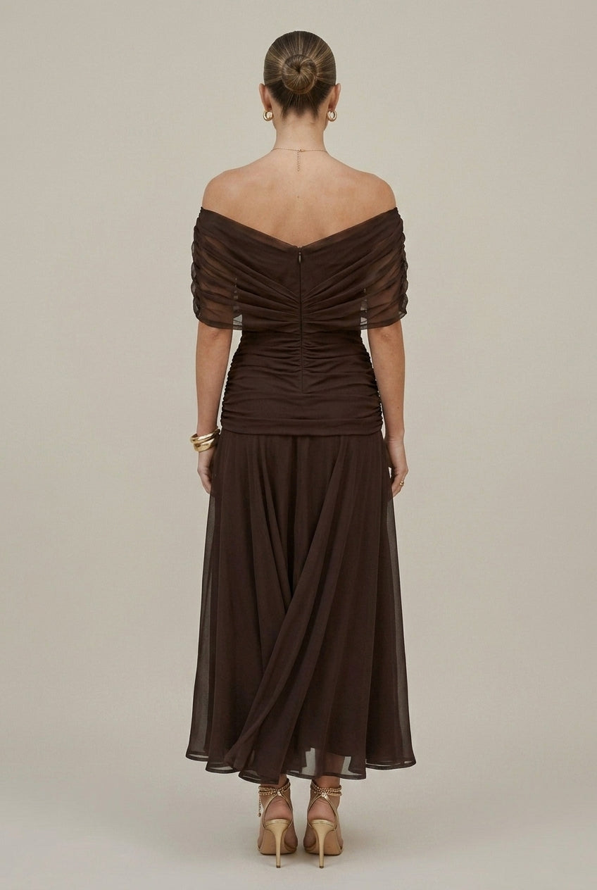 Women’s Chiffon Maxi Dress – Bare Shoulders, Ruched Waist, Fluid Cut