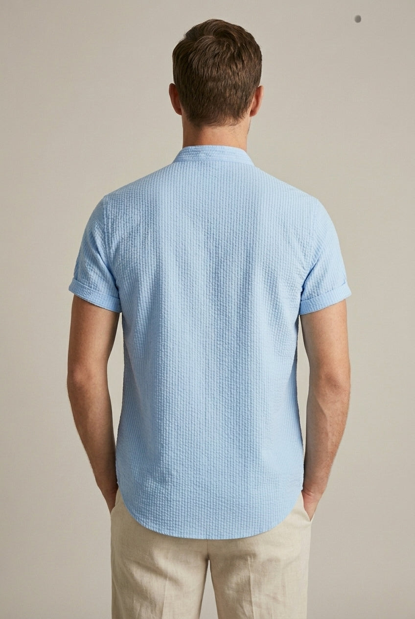 Men's Seersucker Shirt with Officer Collar – Short Sleeves, Textured Weave