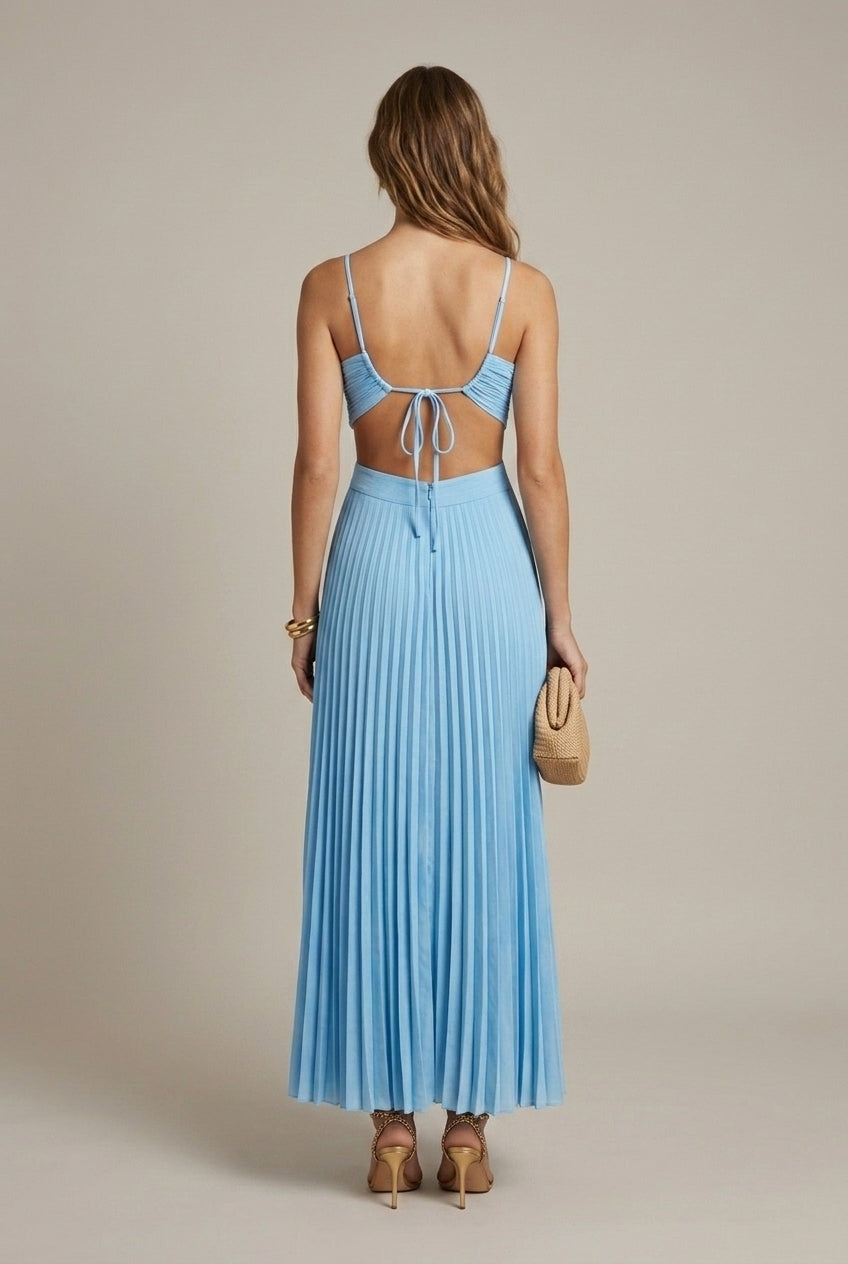 Women’s Pleated Halter-Neck Maxi Dress – Tie Back, Cut-Out Detail