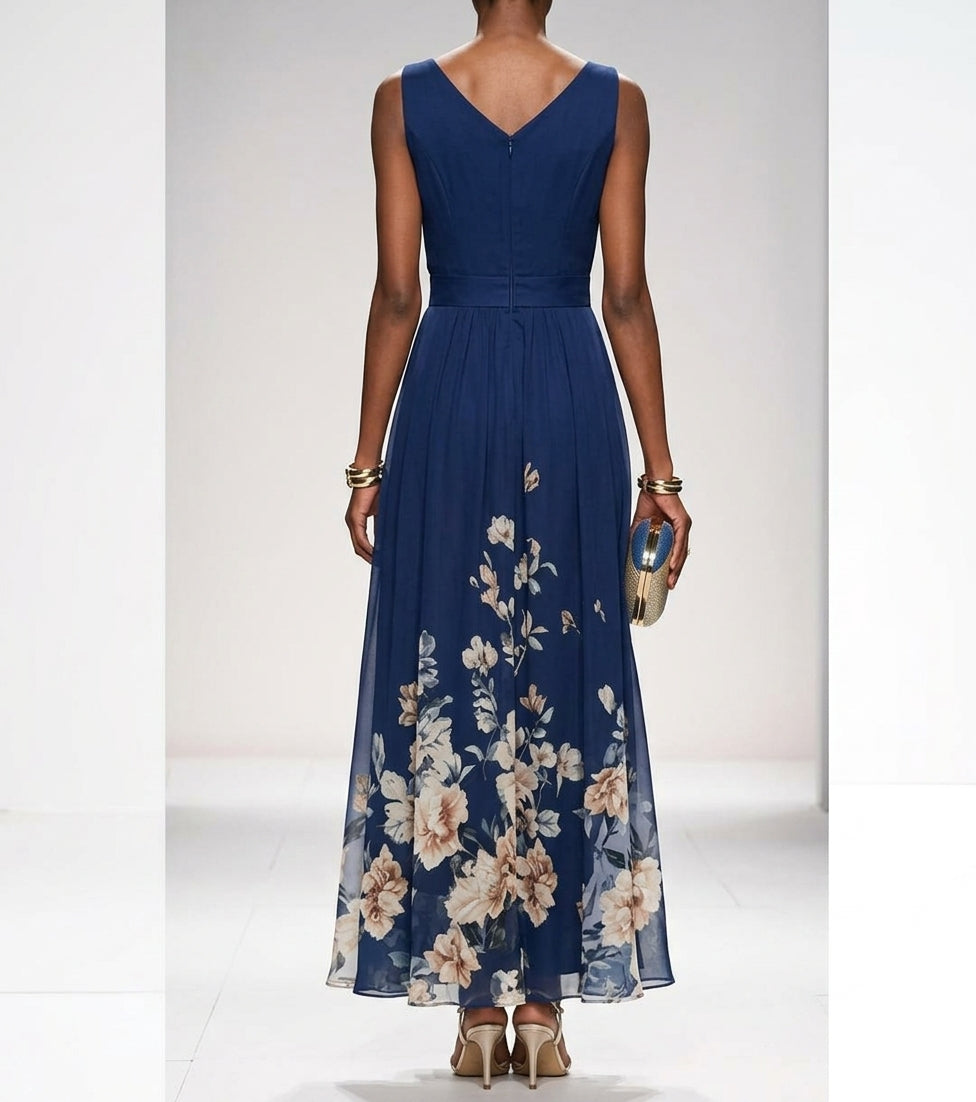 Women's Long Dress with Floral Print – Sleeveless V-Neck