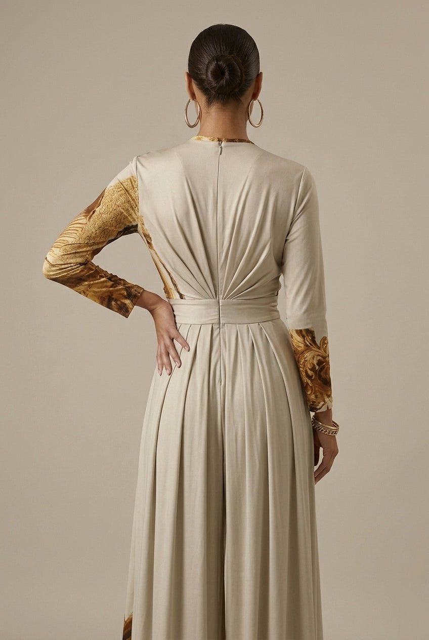 Women's Jumpsuit with Abstract Print – Wide Legs, V-Neck, Long Sleeves