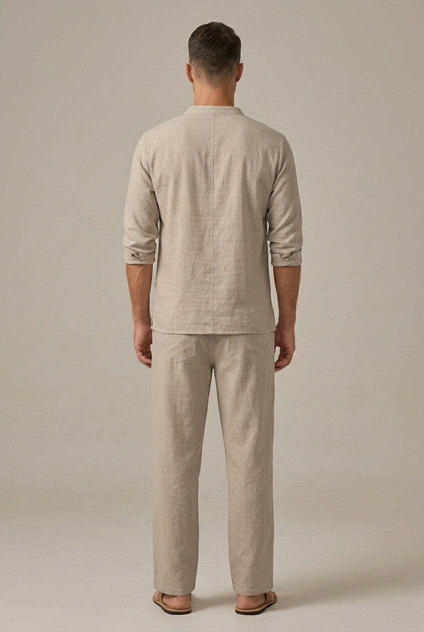 Men's Two-Piece Set Cotton Linen – Lace-Up V-Neck & Pants