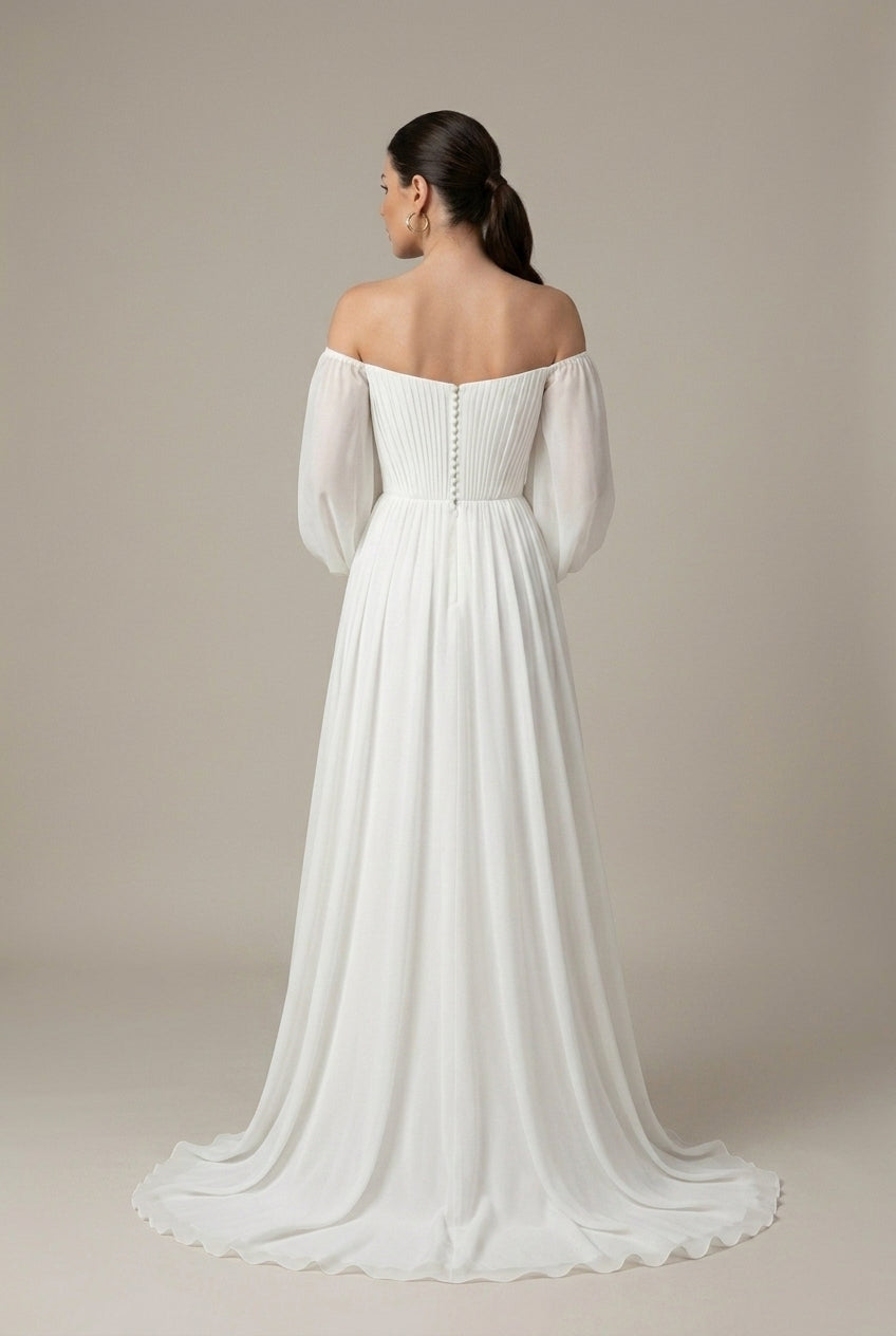 Women's Off-the-Shoulder Chiffon Maxi Dress – Pleated Puff Sleeves