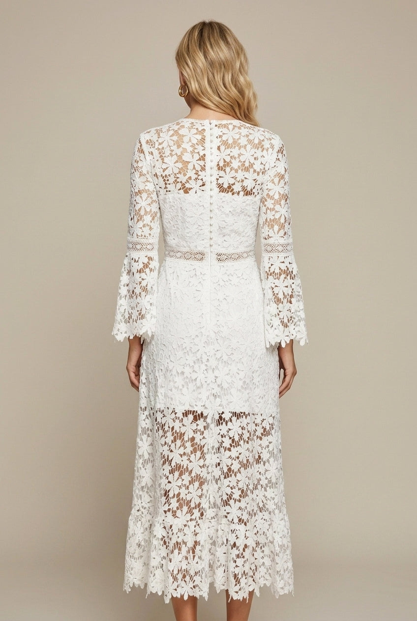 Women's Maxi Dress in Guipure Lace – V-Neck Long Sleeves