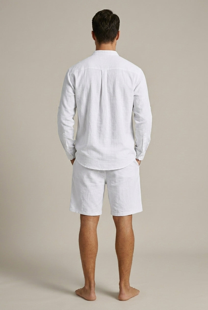 Men's Textured Linen Set – Mandarin Collar Shirt and Relaxed Fit Shorts