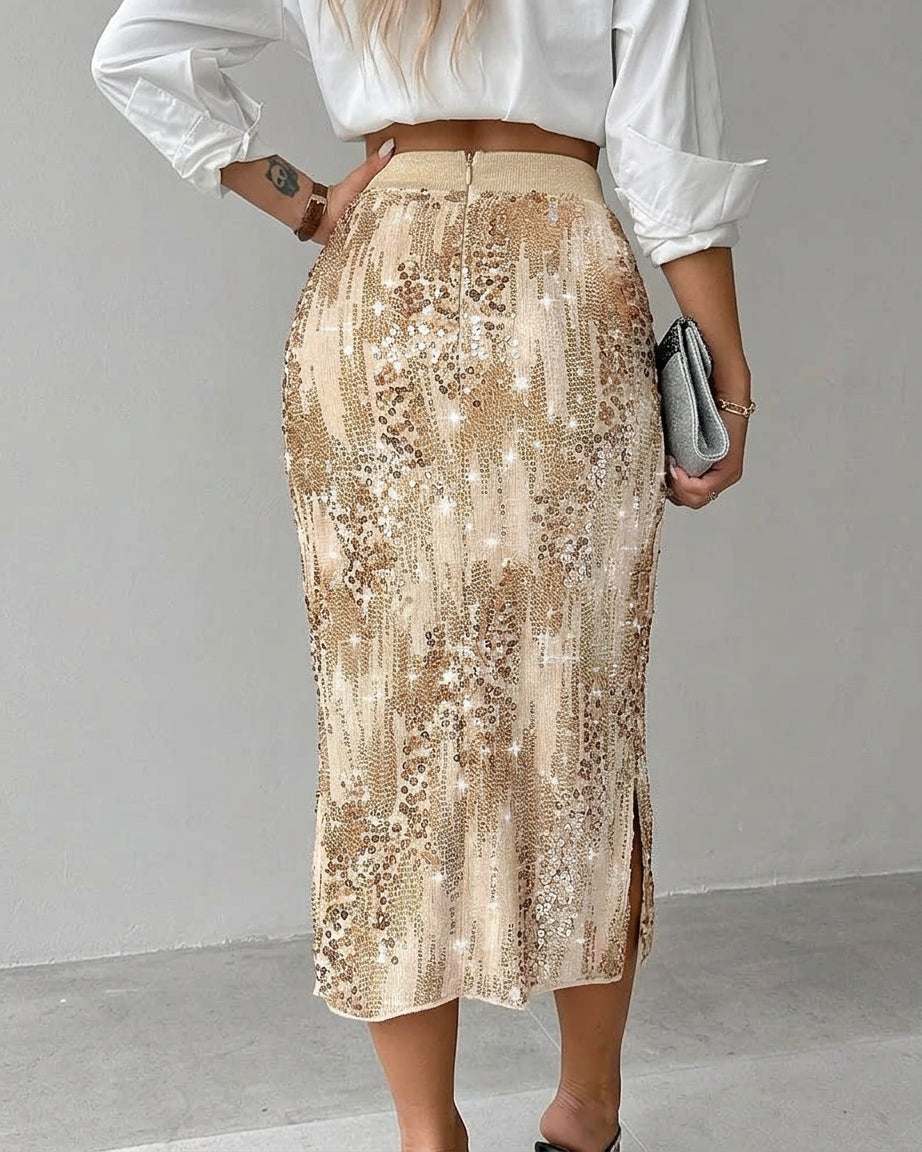 Women's High-Waisted Midi Pencil Skirt with Sequins – Side Slit