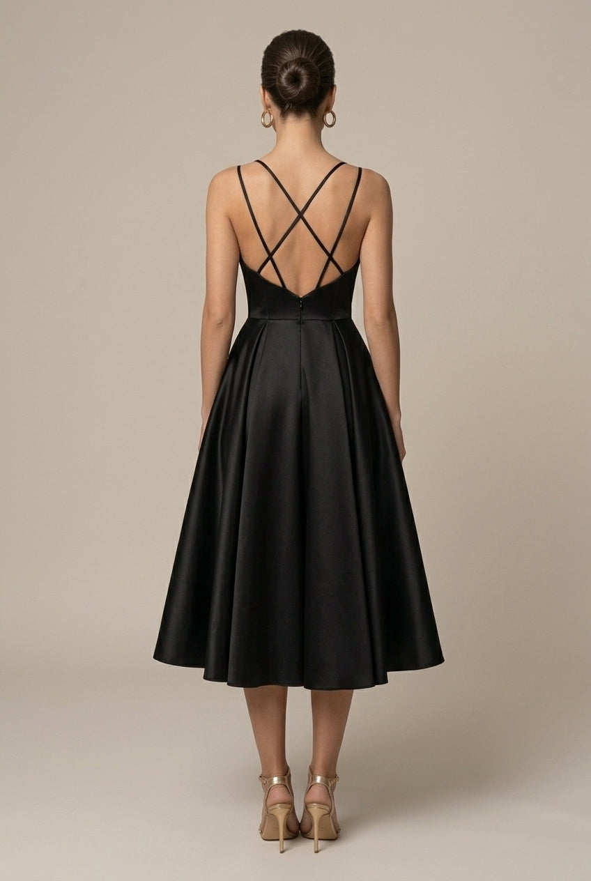 Women’s A-Line Midi Dress – V-Neck, Double Straps, Flared Skirt