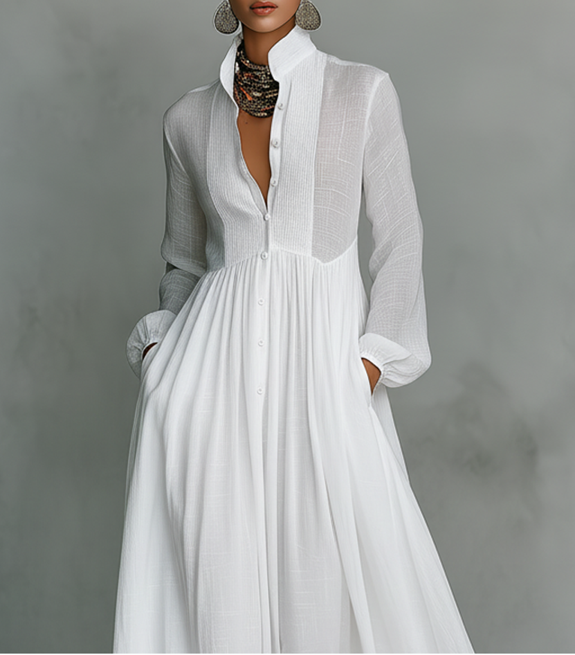 Women’s Pleated Maxi Dress – Lightweight Long Sleeves A-Line Cut Flared Hem