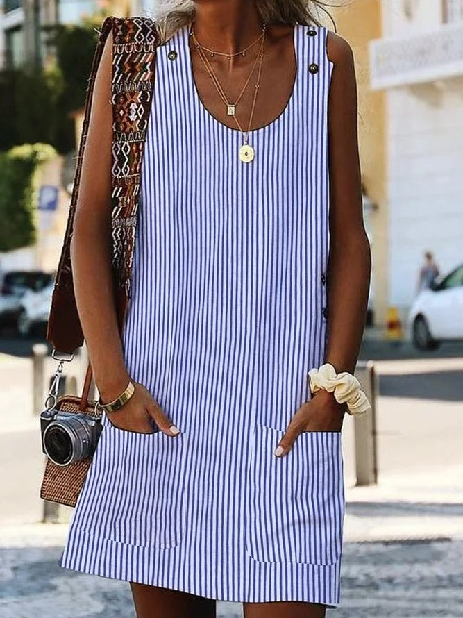Casual Women's Striped Dress – Round Neck and Button Details