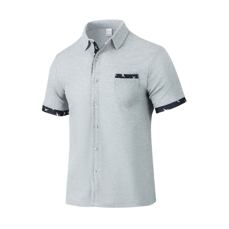 Men's Woven Fabric Shirt – Classic Collar, Buttons, and Contrasting Piping