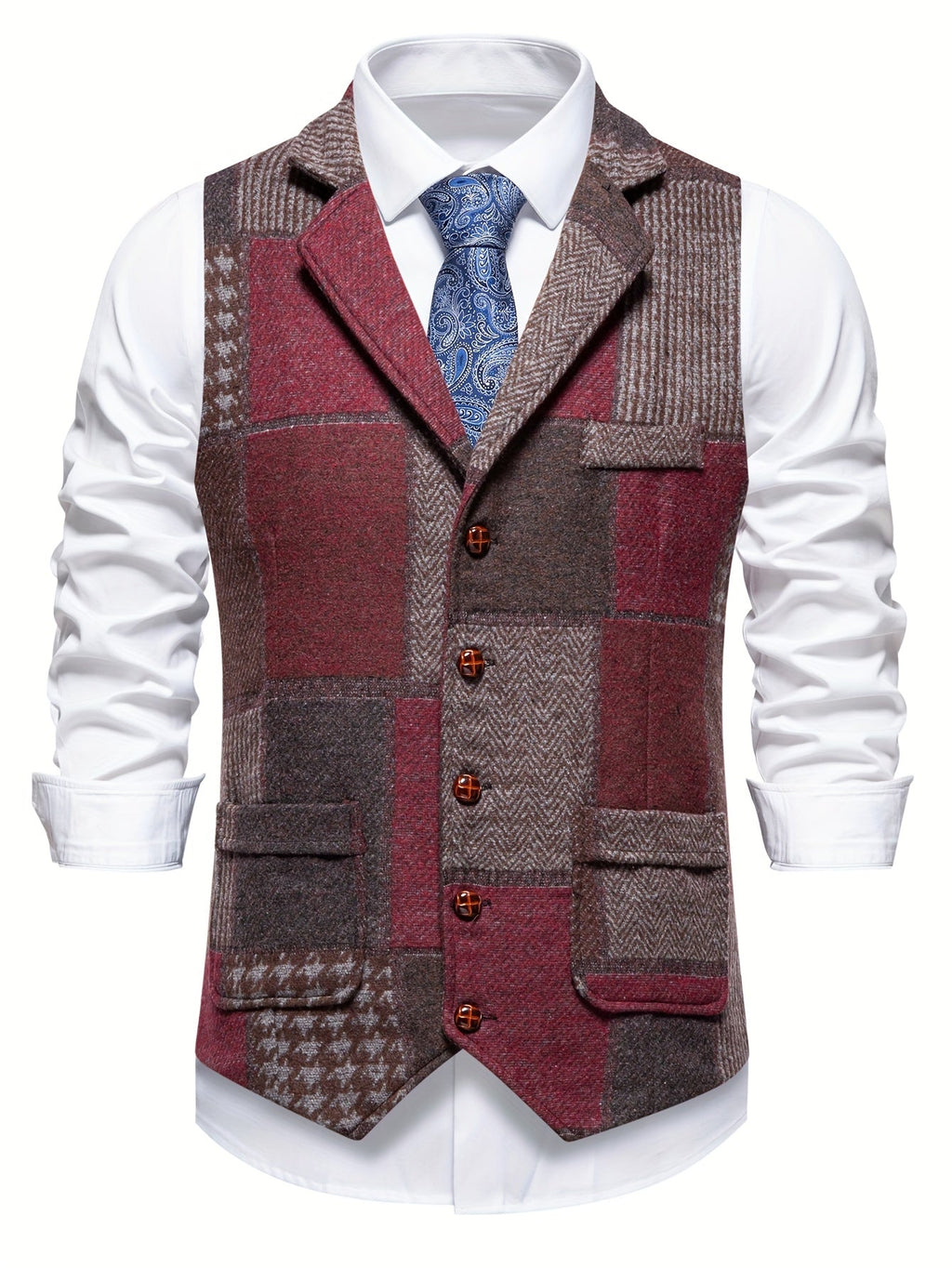 Men's Tweed Herringbone Patchwork Waistcoat – Notched Lapel and Button Closure