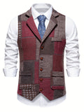 Men's Tweed Herringbone Patchwork Waistcoat – Notched Lapel and Button Closure