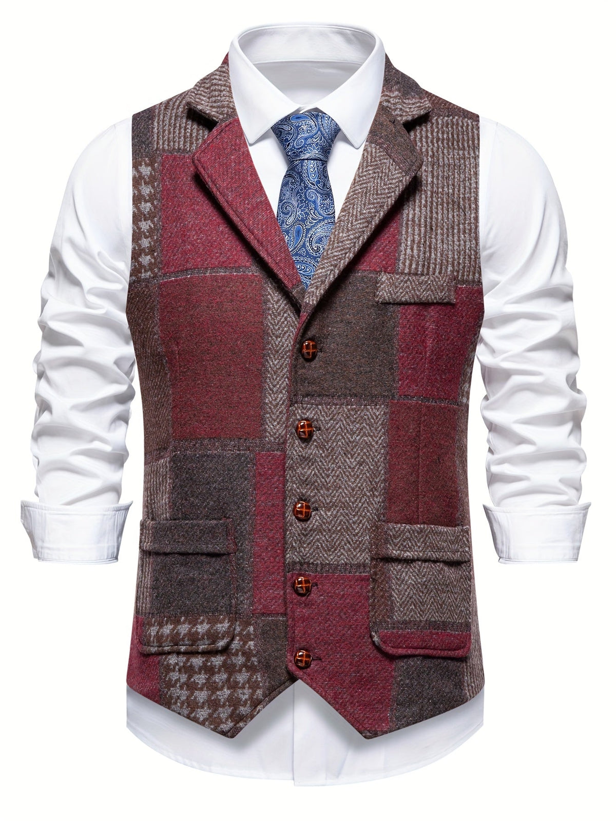 Men's Tweed Herringbone Patchwork Waistcoat – Notched Lapel and Button Closure