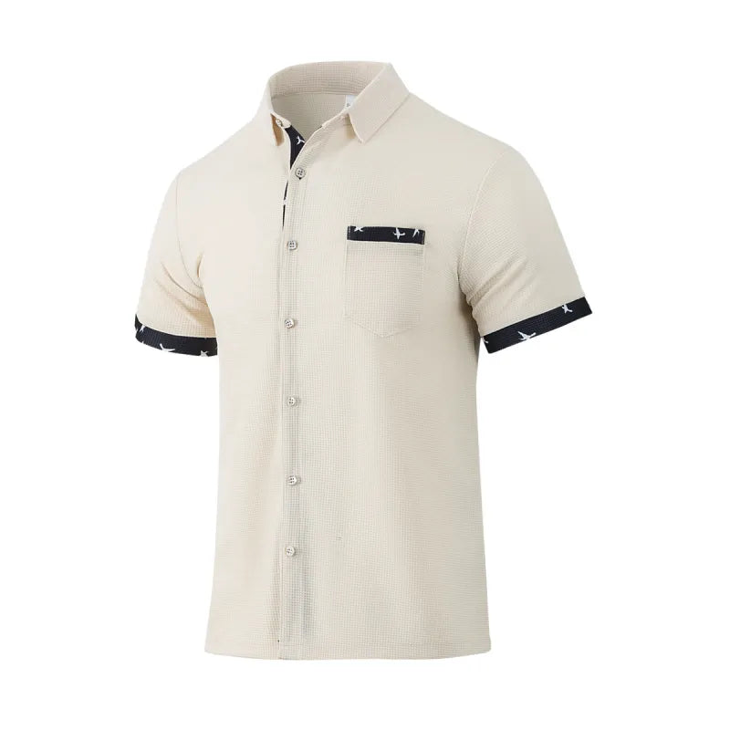 Men's Woven Fabric Shirt – Classic Collar, Buttons, and Contrasting Piping