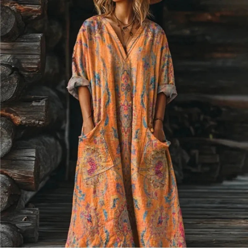 Women's Floral Vintage Print Maxi Dress – Relaxed V-Neck with Pockets