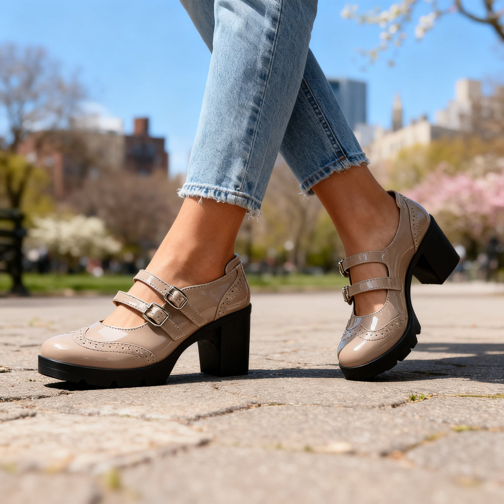 Women's Mary Jane Platform Pumps – Double Strap Block Heel Brogues