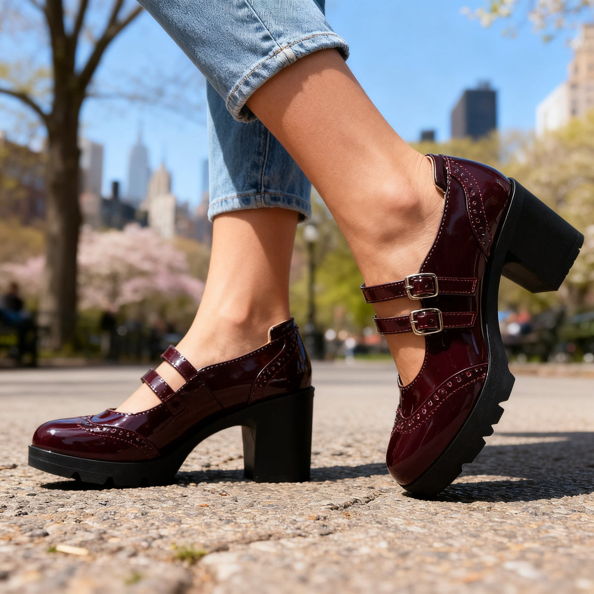 Women's Mary Jane Platform Pumps – Double Strap Block Heel Brogues