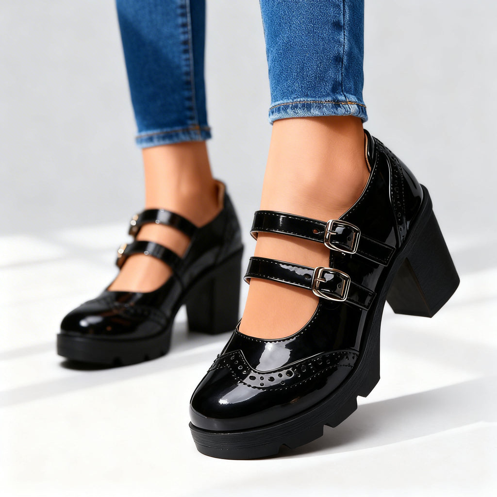 Women's Mary Jane Platform Pumps – Double Strap Block Heel Brogues