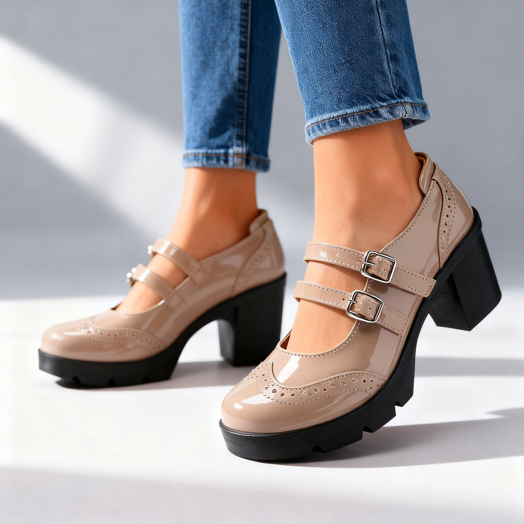 Women's Mary Jane Platform Pumps – Double Strap Block Heel Brogues