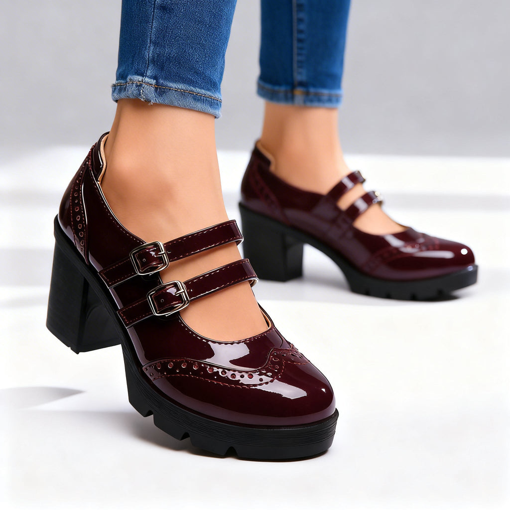 Women's Mary Jane Platform Pumps – Double Strap Block Heel Brogues