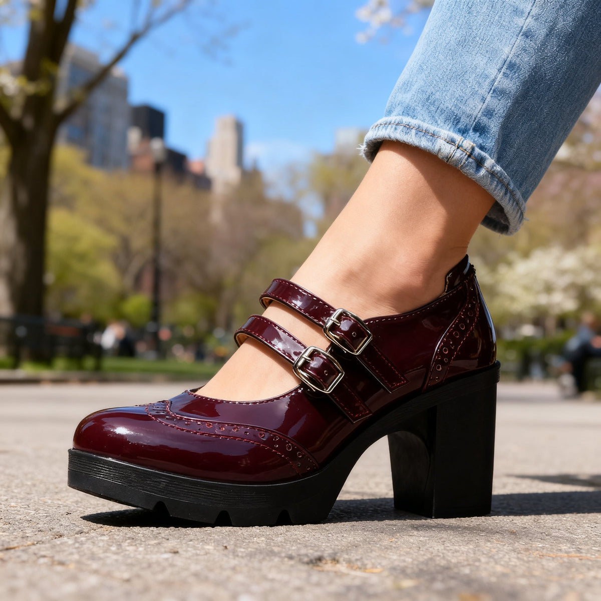 Women's Mary Jane Platform Pumps – Double Strap Block Heel Brogues