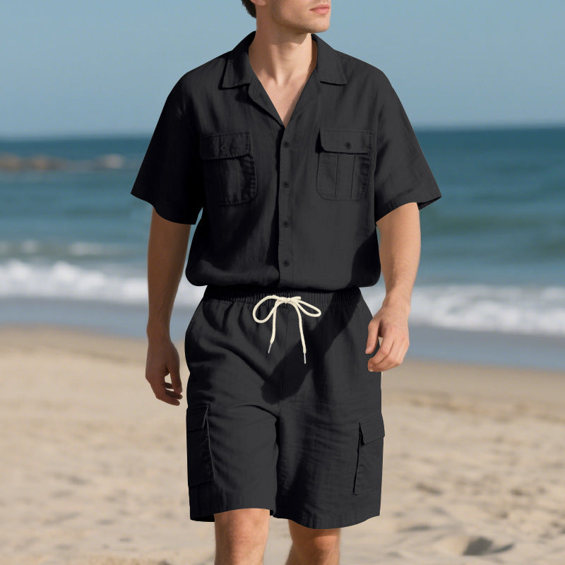Men's Linen Set – Collared Shirt & Breathable Cargo Shorts