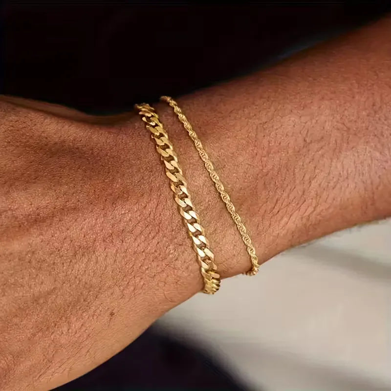 Men's Bracelet Cuban Chain & Rope – Polished Metal Layered Set