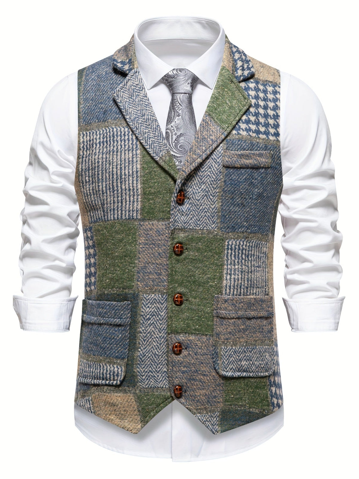 Men's Tweed Herringbone Patchwork Waistcoat – Notched Lapel and Button Closure