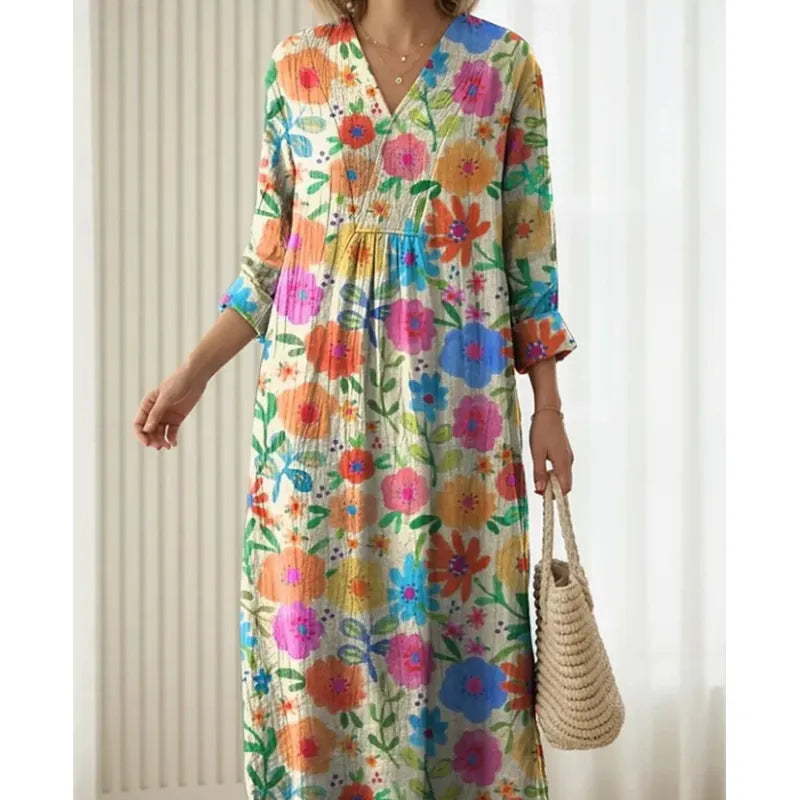Women's Long-Sleeve Linen Dress – Relaxed Midi Fit