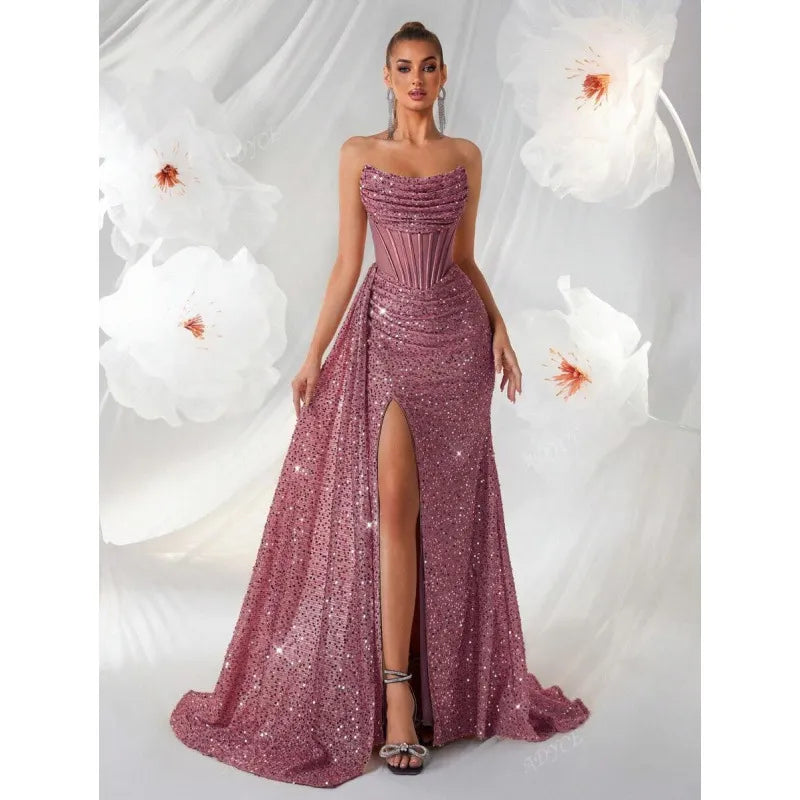 Women's Long Dress with Off-the-Shoulder Design – Pleated Herringbone and Cutouts