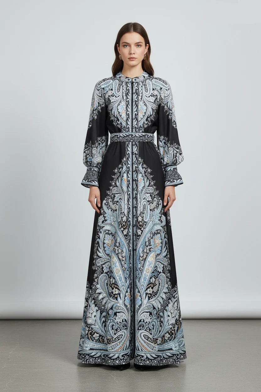 Women's Maxi Printed Dress – Notched Collar, Lantern Sleeves