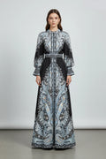 Women's Maxi Printed Dress – Notched Collar, Lantern Sleeves