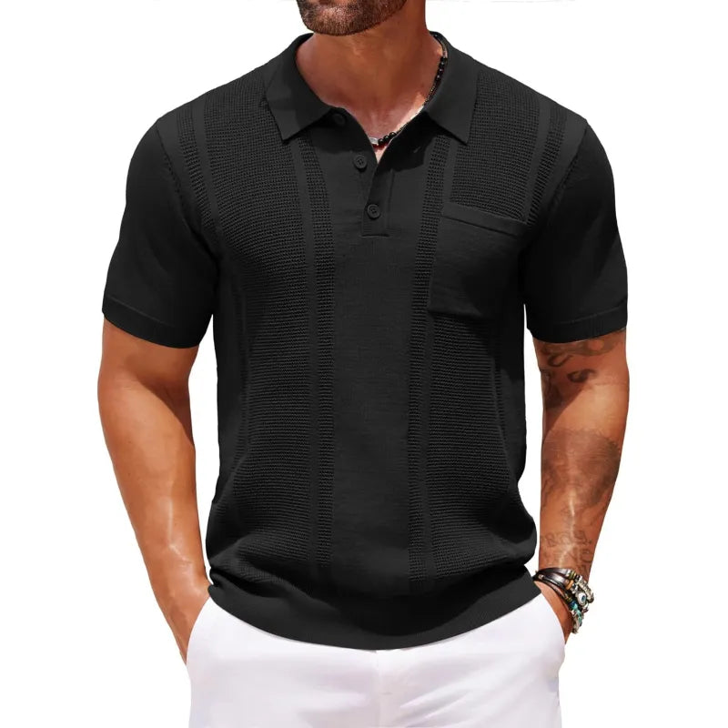 Men's Fine Knit Polo – Ribbed Edges and Textured Panels