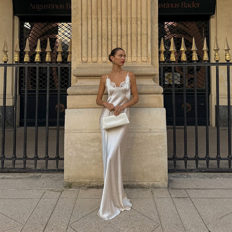 Women's Long Dress – Satin Fabric with Floral Lace