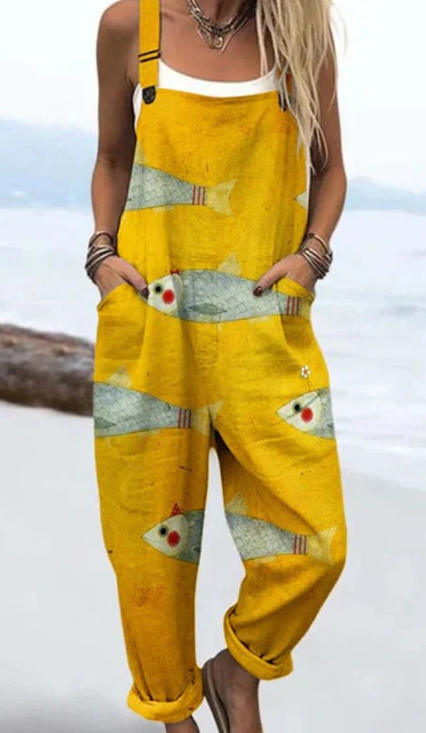 Printed Woven Fabric Women's Jumpsuit – Square Neck & Tapered Leg