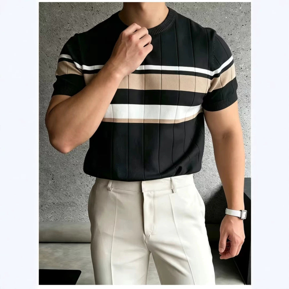 Men's Knitted T-shirt – Slim Fit with Modern Stripes