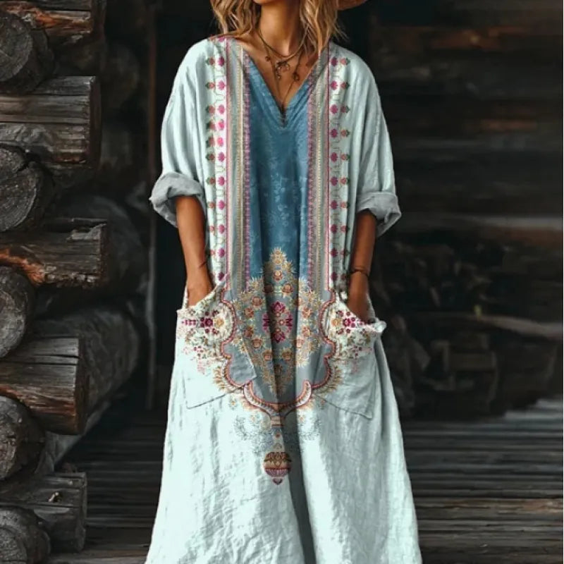Women's Floral Vintage Print Maxi Dress – Relaxed V-Neck with Pockets