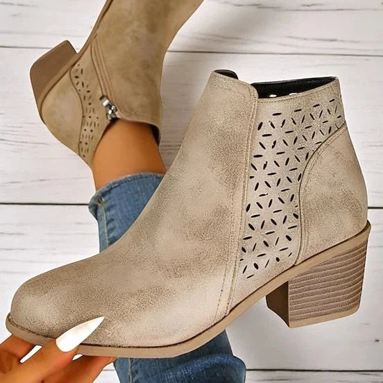 Women's Low-Heel Ankle Boots – Modern Cutouts and Side Zip