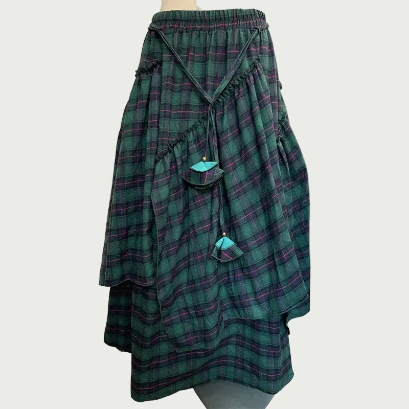 Women's Asymmetric Plaid Skirt – Blended Cotton & Stitching Detail