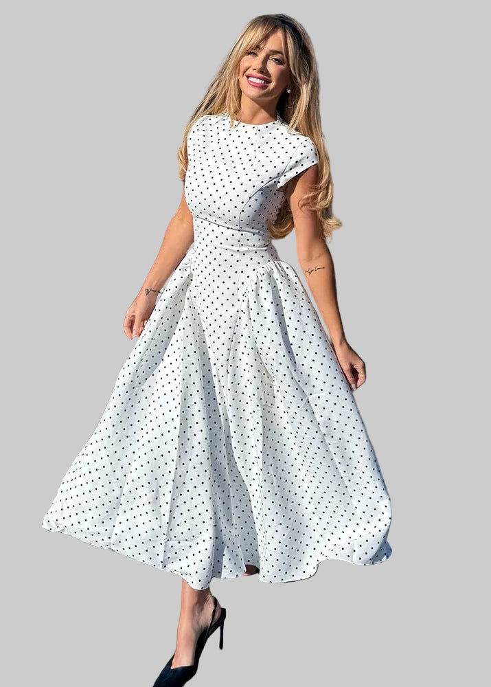 Women's Long Polka Dot Dress – High Neck, Short Sleeves, A-Line Cut