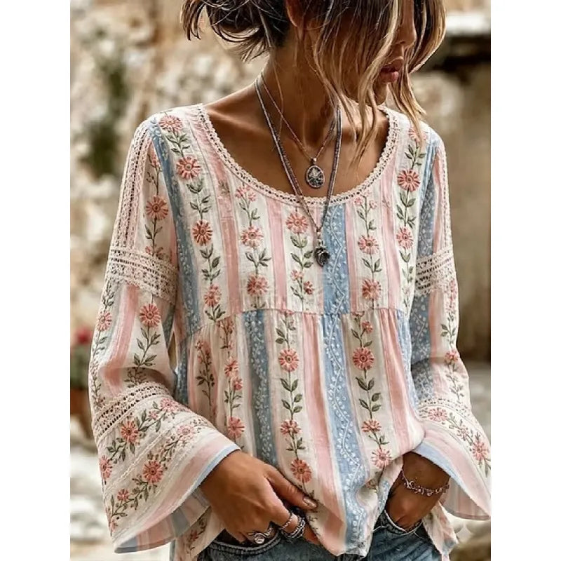 Women's Blended Linen Blouse – Floral Embroidery, Relaxed Fit