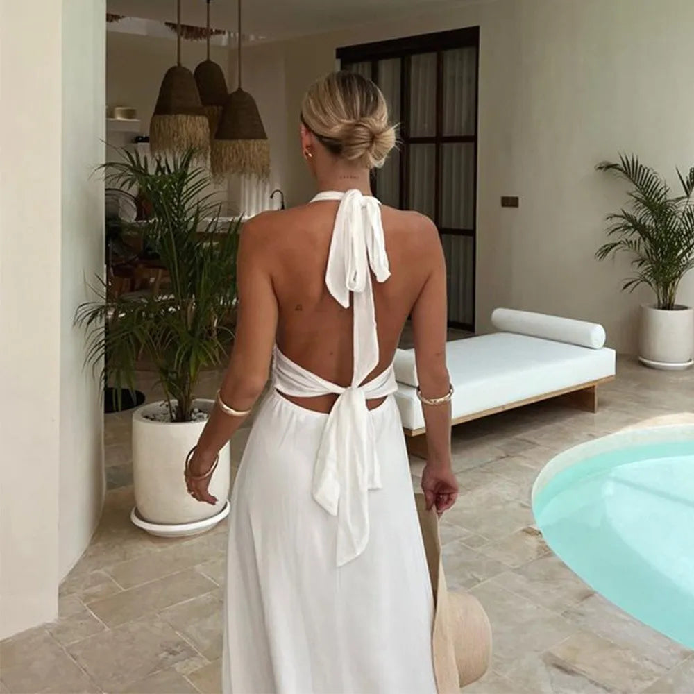 Women's Long Halter Dress – Deep V-Neck, High Waist, and Side Slit