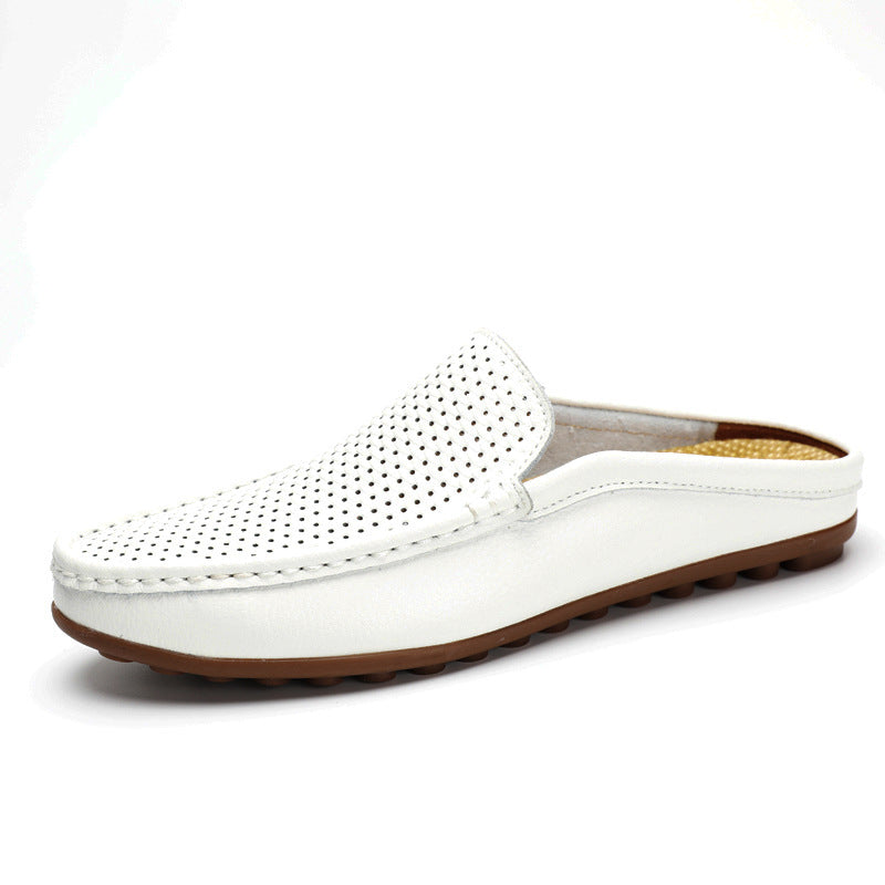 Men's Textured Leather Slip-On Mule Loafers – Perforated Open Back