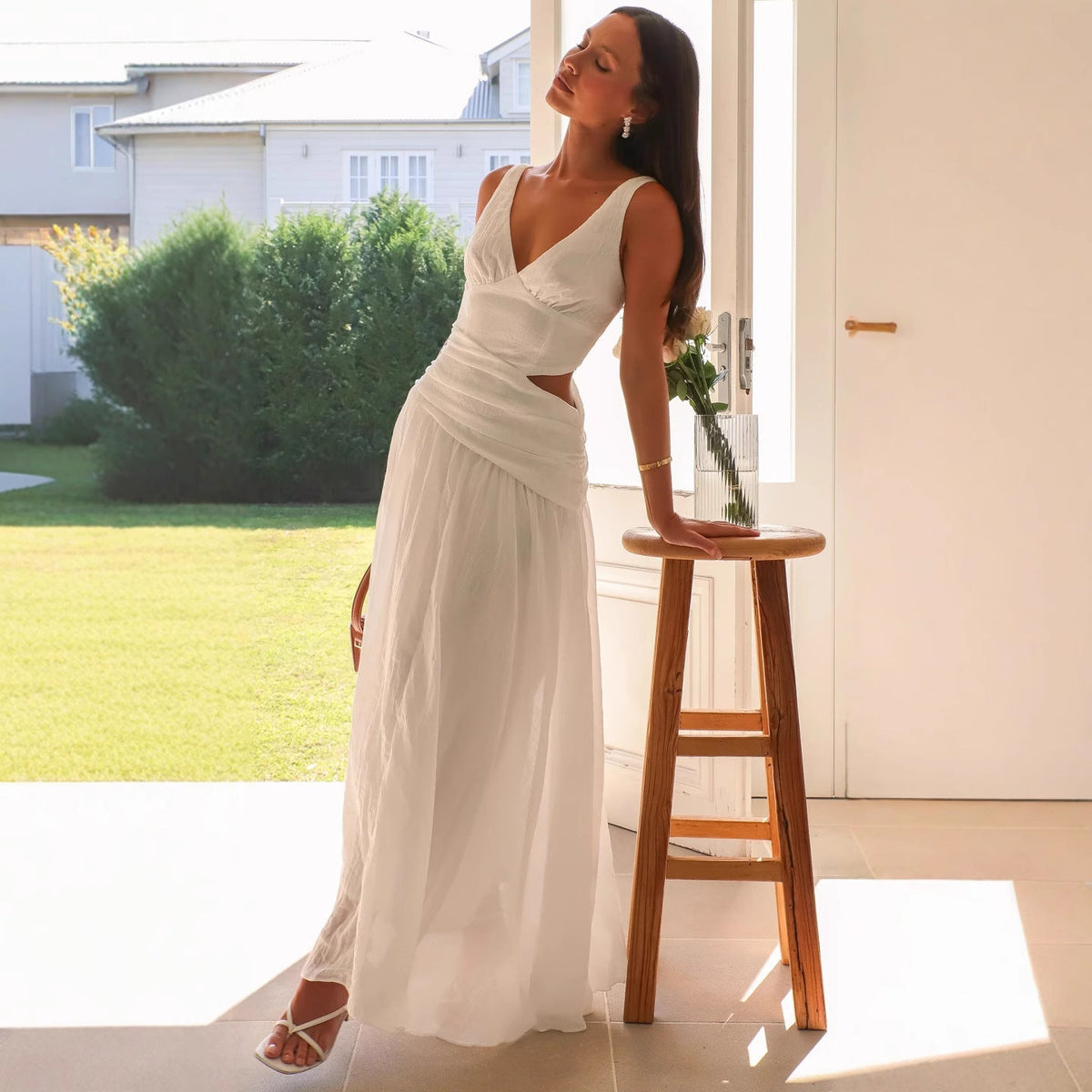 Women’s Fluid Drop-Waist Maxi Dress – V-Neck, Cut-Out Detail