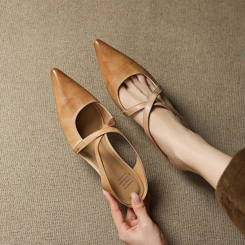 Women's Genuine Leather Heeled Mules – Pointed Toe and Cross Strap