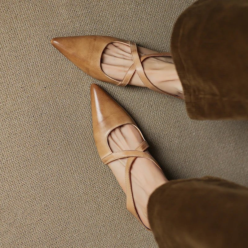 Women's Genuine Leather Heeled Mules – Pointed Toe and Cross Strap