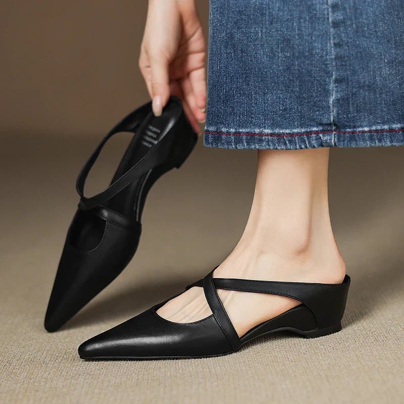 Women's Genuine Leather Heeled Mules – Pointed Toe and Cross Strap