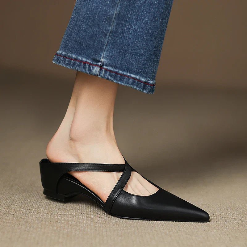 Women's Genuine Leather Heeled Mules – Pointed Toe and Cross Strap