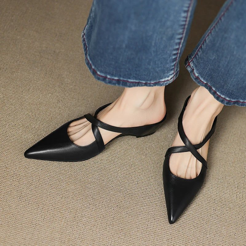 Women's Genuine Leather Heeled Mules – Pointed Toe and Cross Strap